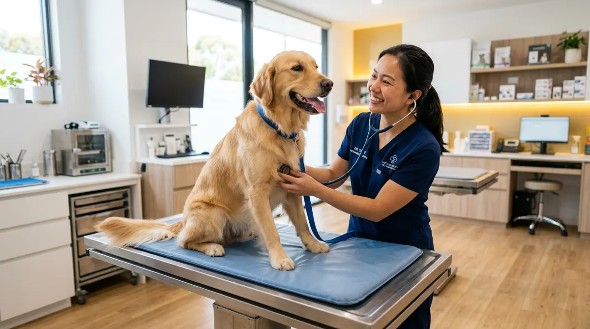 Bác sĩ thú y TAININ đang khám cho một chú chó golden retriever
